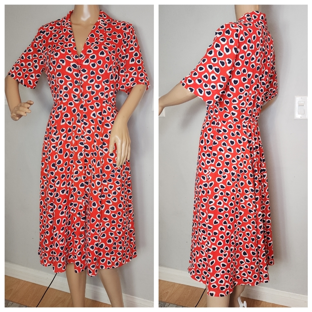J. Crew Heart Leopard Button Front Midi Dress Red White Blue Size 2 - Picture 8 of 16